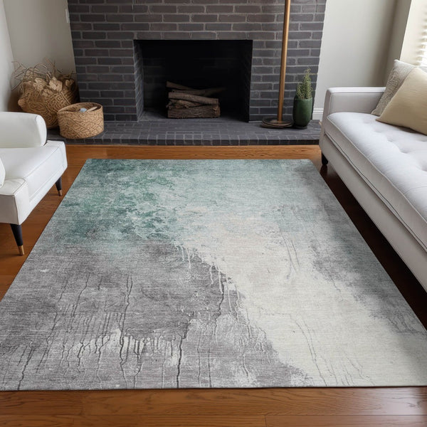 HomeRoots 5' Modern Pale Aqua and Gray Abstract Washable Area Rug for Stylish Indoor and Outdoor Spaces 10' X 14' 622473