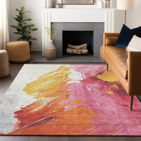 HomeRoots 5' Modern Blush Gold and Orange Abstract Area Rug - Durable, Washable, Indoor-Outdoor Versatility 5' X 8' 622481