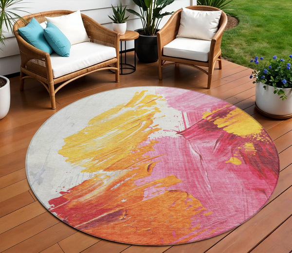 HomeRoots 5' Modern Blush Gold and Orange Abstract Area Rug - Durable, Washable, Indoor-Outdoor Versatility 8' Round 622482