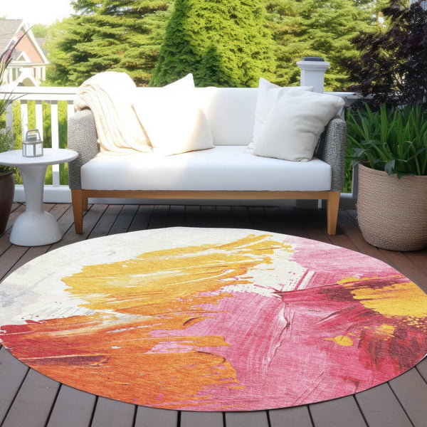 HomeRoots 5' Modern Blush Gold and Orange Abstract Area Rug - Durable, Washable, Indoor-Outdoor Versatility 8' Round 622482