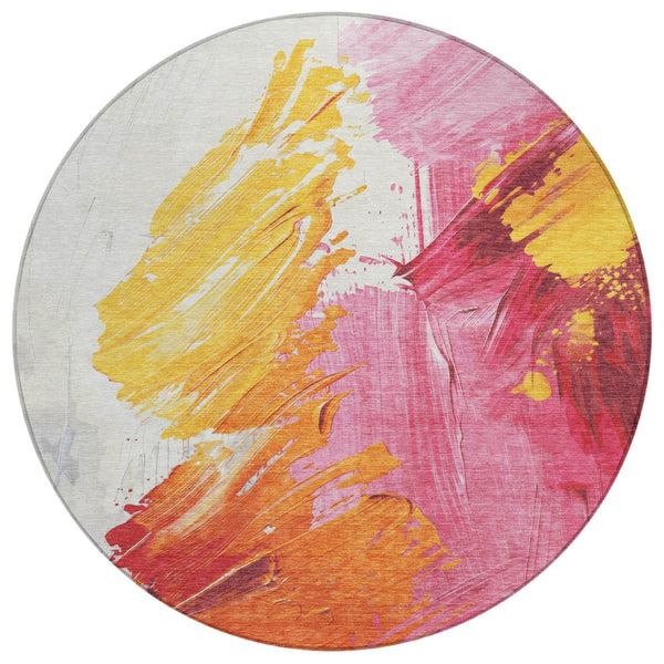 HomeRoots 5' Modern Blush Gold and Orange Abstract Area Rug - Durable, Washable, Indoor-Outdoor Versatility 8' Round 622482