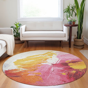 HomeRoots 5' Modern Blush Gold and Orange Abstract Area Rug - Durable, Washable, Indoor-Outdoor Versatility 8' Round 622482