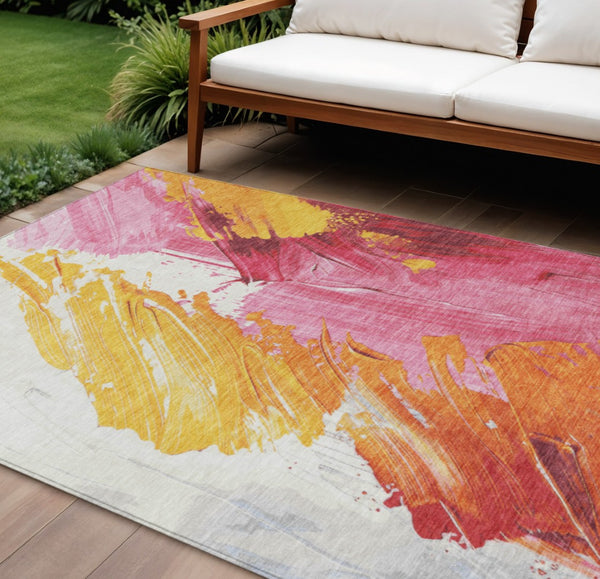 HomeRoots 5' Modern Blush Gold and Orange Abstract Area Rug - Durable, Washable, Indoor-Outdoor Versatility 8' X 10' 622483