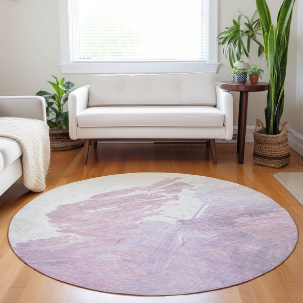 HomeRoots 5' Abstract Lavender and Ivory Area Rug - Stylish, Washable, Ideal for Indoor and Outdoor Spaces 8' Round 622488