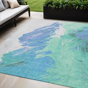 HomeRoots 5' Refreshing Pale Aqua Mint Green and Ivory Abstract Washable Area Rug for Indoor and Outdoor Use 5' X 8' 622499