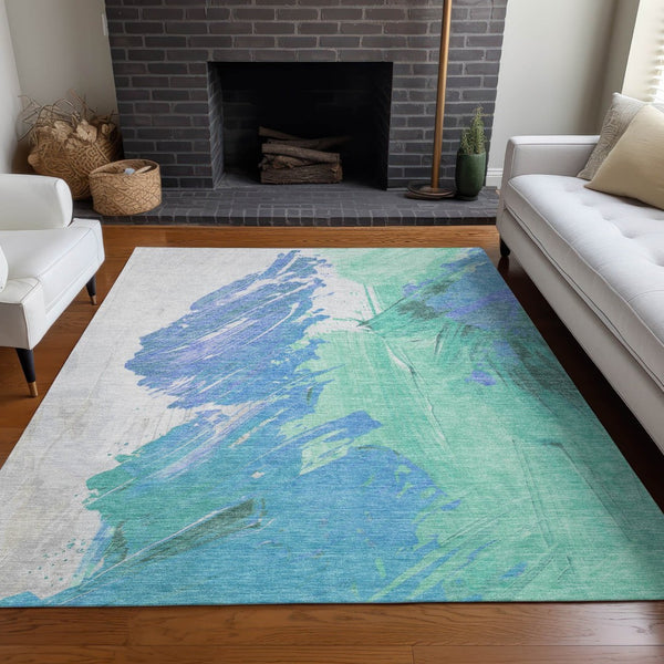 HomeRoots 5' Refreshing Pale Aqua Mint Green and Ivory Abstract Washable Area Rug for Indoor and Outdoor Use 5' X 8' 622499
