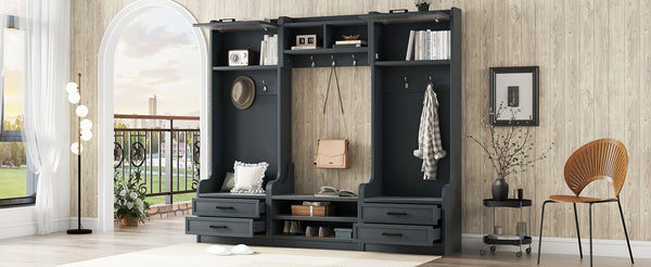 English Elm 4-in-1 Hall Tree with Bench, 7 Hooks, 2 Cabinets & 4 Drawers for Entryway Storage and Seating Antique Blue W1580S00091