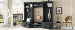 English Elm 4-in-1 Modular Entryway Hall Tree with Seven Hooks Drawers and Antique Blue Bench W1580S00491