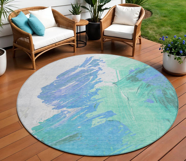 HomeRoots 5' Refreshing Pale Aqua Mint Green and Ivory Abstract Washable Area Rug for Indoor and Outdoor Use 8' Round 622500