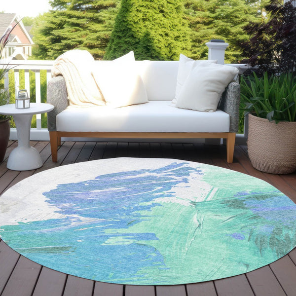 HomeRoots 5' Refreshing Pale Aqua Mint Green and Ivory Abstract Washable Area Rug for Indoor and Outdoor Use 8' Round 622500