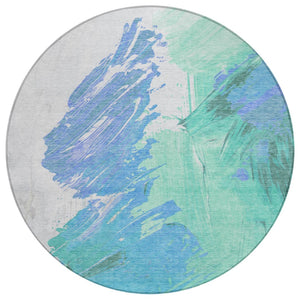 HomeRoots 5' Refreshing Pale Aqua Mint Green and Ivory Abstract Washable Area Rug for Indoor and Outdoor Use 8' Round 622500