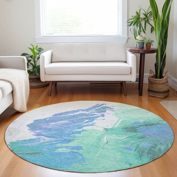 HomeRoots 5' Refreshing Pale Aqua Mint Green and Ivory Abstract Washable Area Rug for Indoor and Outdoor Use 8' Round 622500