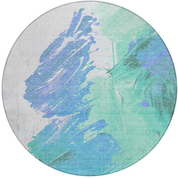 HomeRoots 5' Refreshing Pale Aqua Mint Green and Ivory Abstract Washable Area Rug for Indoor and Outdoor Use 8' Round 622500