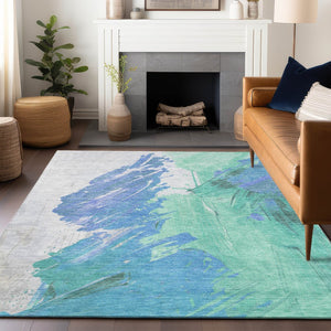 HomeRoots 5' Refreshing Pale Aqua Mint Green and Ivory Abstract Washable Area Rug for Indoor and Outdoor Use 8' X 10' 622501