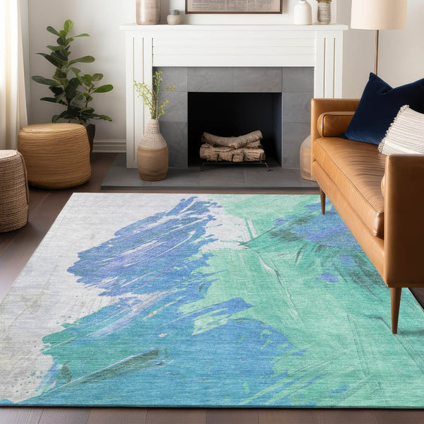 HomeRoots 5' Refreshing Pale Aqua Mint Green and Ivory Abstract Washable Area Rug for Indoor and Outdoor Use 8' X 10' 622501