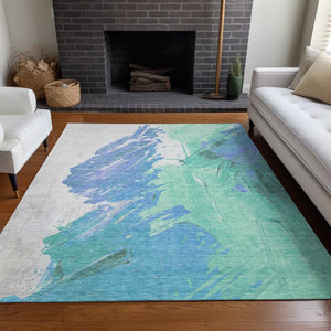 HomeRoots 5' Refreshing Pale Aqua Mint Green and Ivory Abstract Washable Area Rug for Indoor and Outdoor Use 8' X 10' 622501