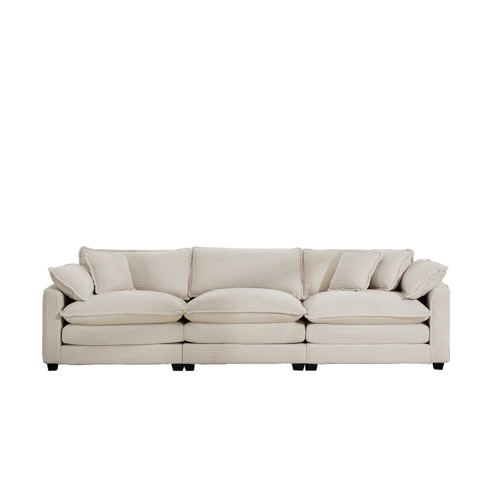 English Elm Mid-Century Modern 3-Seater Sectional Sofa With Plush Light Beige Corduroy And Stylish Pillows W714S00775