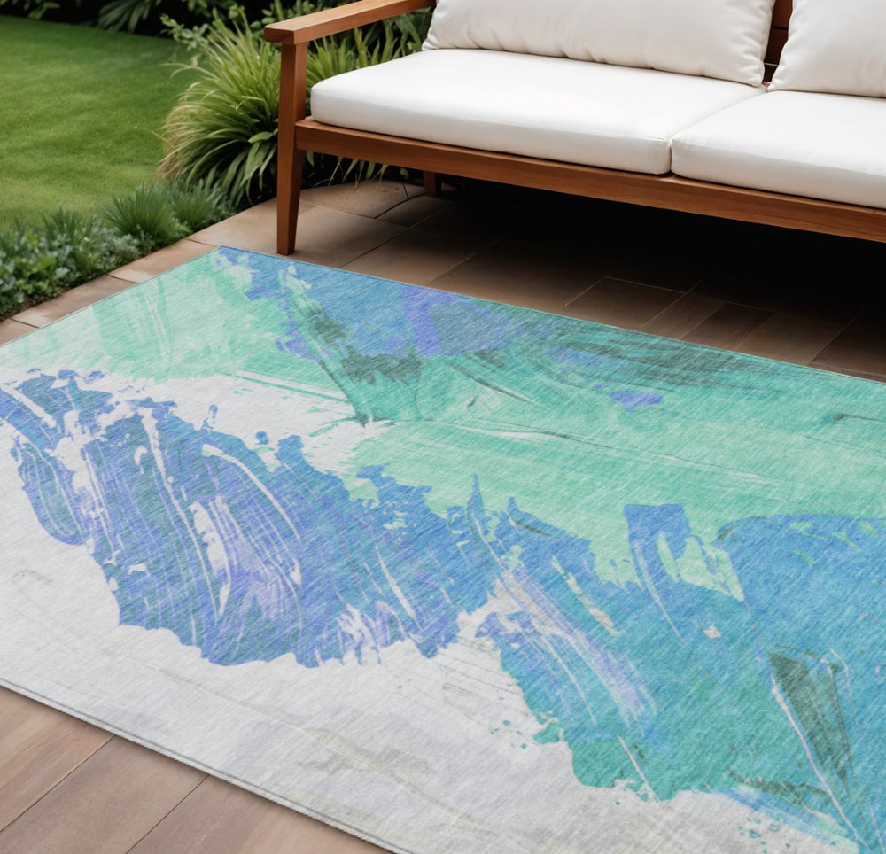 HomeRoots 5' Refreshing Pale Aqua Mint Green and Ivory Abstract Washable Area Rug for Indoor and Outdoor Use 10' X 14' 622503