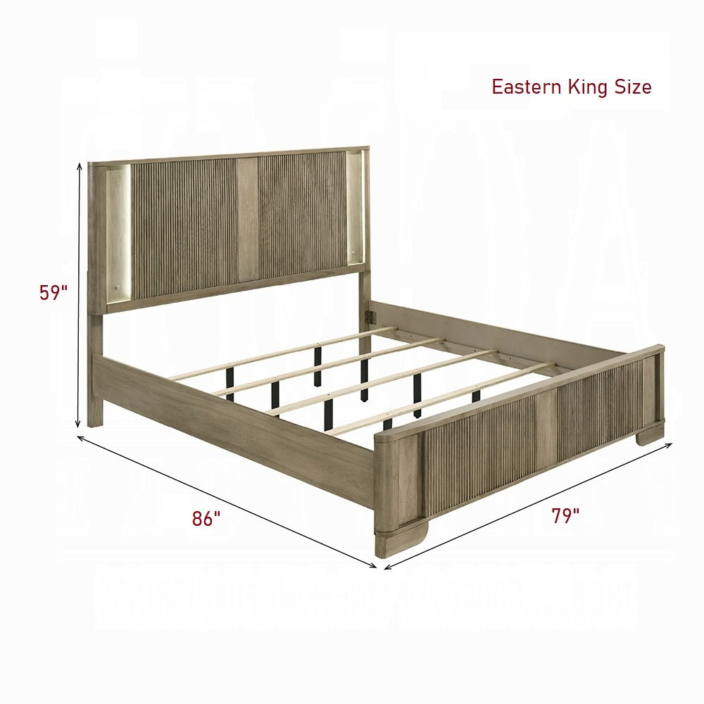 English Elm 1pc Transitional Queen Bed with Reeded Panels and Built-In LED Headboard in Antique Finish, Solid Wood Oak 66 L x 37 W x 7 H B2741S00744