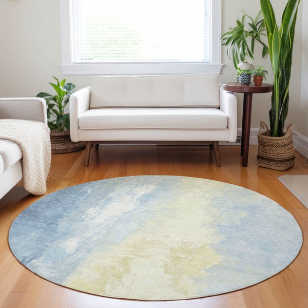 HomeRoots 5' Denim Blue and Beige Abstract Area Rug - Durable, Stylish, Washable for Indoor and Outdoor Use 8' Round 622512