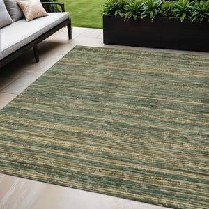 HomeRoots 5' Durable Fern Green and Charcoal Striped Area Rug – Washable, Stain-Resistant for Indoor/Outdoor Use 5' X 8' 622571