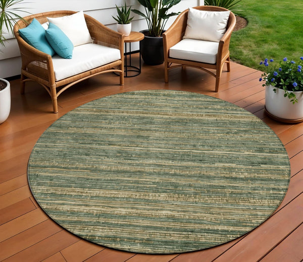 HomeRoots 5' Durable Fern Green and Charcoal Striped Area Rug – Washable, Stain-Resistant for Indoor/Outdoor Use 8' Round 622572