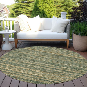 HomeRoots 5' Durable Fern Green and Charcoal Striped Area Rug – Washable, Stain-Resistant for Indoor/Outdoor Use 8' Round 622572