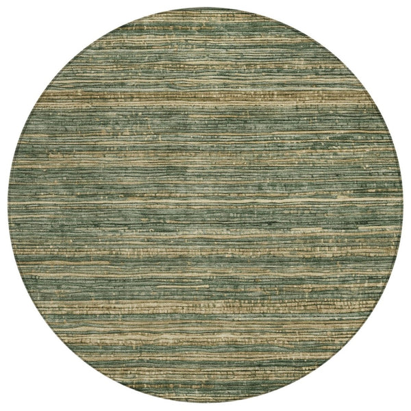 HomeRoots 5' Durable Fern Green and Charcoal Striped Area Rug – Washable, Stain-Resistant for Indoor/Outdoor Use 8' Round 622572