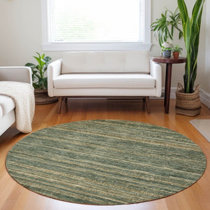 HomeRoots 5' Durable Fern Green and Charcoal Striped Area Rug – Washable, Stain-Resistant for Indoor/Outdoor Use 8' Round 622572