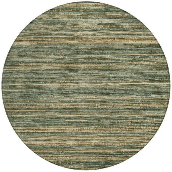 HomeRoots 5' Durable Fern Green and Charcoal Striped Area Rug – Washable, Stain-Resistant for Indoor/Outdoor Use 8' Round 622572