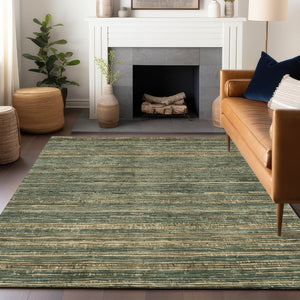 HomeRoots 5' Durable Fern Green and Charcoal Striped Area Rug – Washable, Stain-Resistant for Indoor/Outdoor Use 8' X 10' 622573