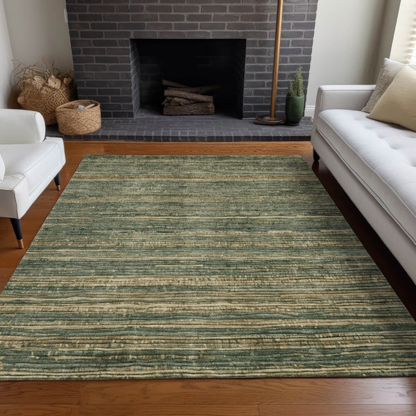 HomeRoots 5' Durable Fern Green and Charcoal Striped Area Rug – Washable, Stain-Resistant for Indoor/Outdoor Use 8' X 10' 622573