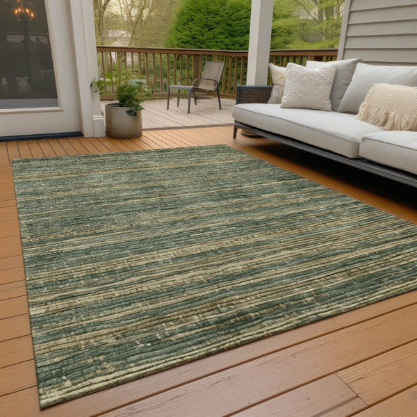 HomeRoots 5' Durable Fern Green and Charcoal Striped Area Rug – Washable, Stain-Resistant for Indoor/Outdoor Use 8' X 10' 622573