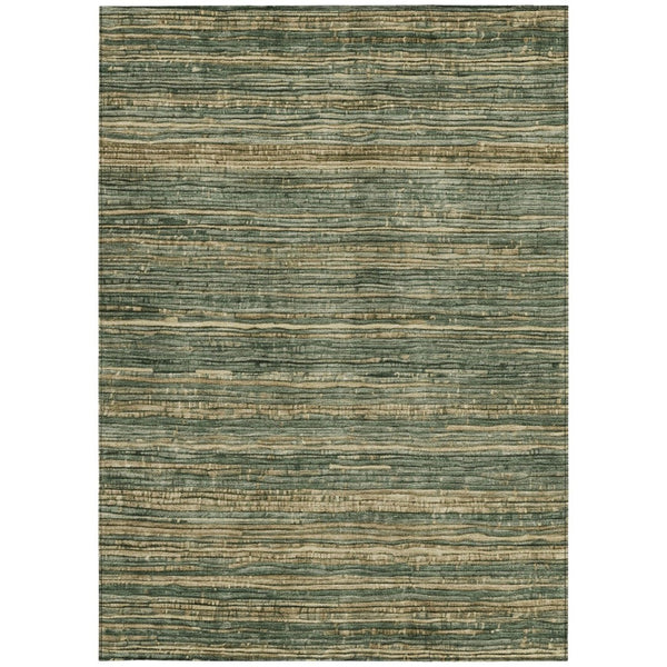 HomeRoots 5' Durable Fern Green and Charcoal Striped Area Rug – Washable, Stain-Resistant for Indoor/Outdoor Use 9' X 12' 622574