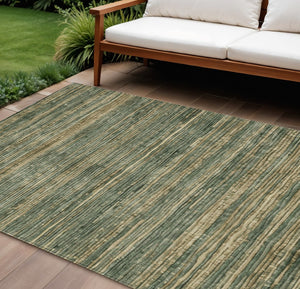 HomeRoots 5' Durable Fern Green and Charcoal Striped Area Rug – Washable, Stain-Resistant for Indoor/Outdoor Use 9' X 12' 622574