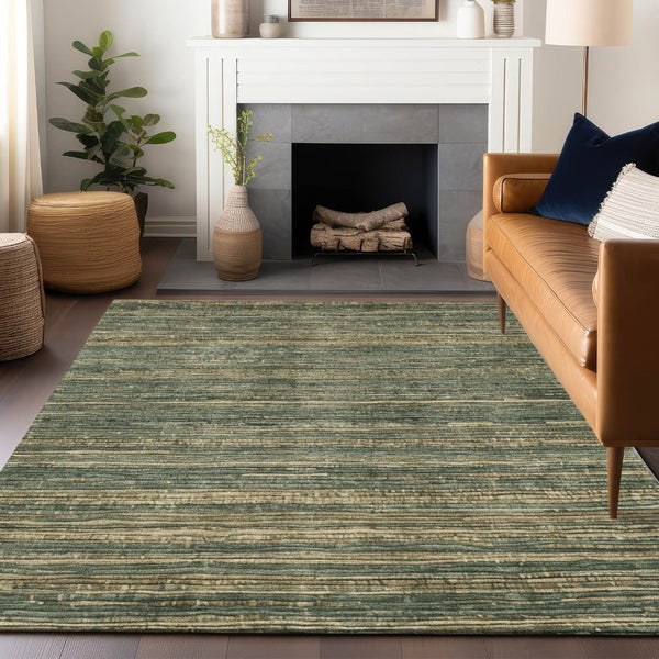 HomeRoots 5' Durable Fern Green and Charcoal Striped Area Rug – Washable, Stain-Resistant for Indoor/Outdoor Use 9' X 12' 622574