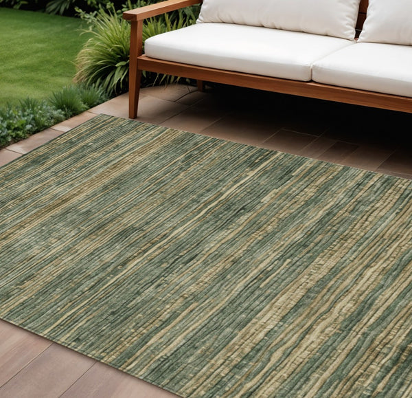 HomeRoots 5' Durable Fern Green and Charcoal Striped Area Rug – Washable, Stain-Resistant for Indoor/Outdoor Use 10' X 14' 622575