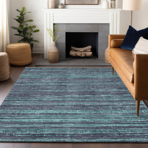 HomeRoots 5' Washable Teal Blue and Gray Striped Area Rug for Indoor and Outdoor Spaces – Stylish and Durable! 5' X 8' 622595