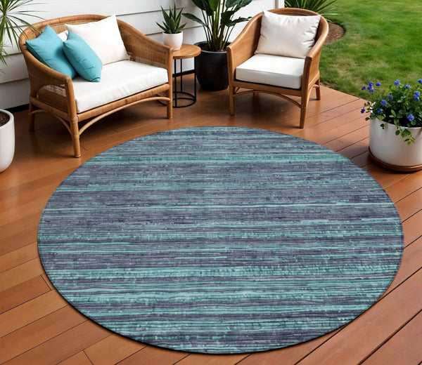 HomeRoots 5' Washable Teal Blue and Gray Striped Area Rug for Indoor and Outdoor Spaces – Stylish and Durable! 8' Round 622596