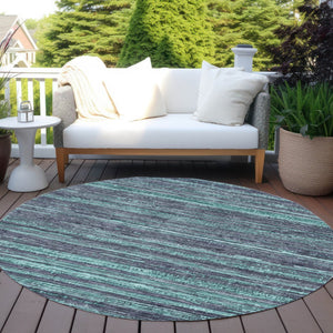 HomeRoots 5' Washable Teal Blue and Gray Striped Area Rug for Indoor and Outdoor Spaces – Stylish and Durable! 8' Round 622596