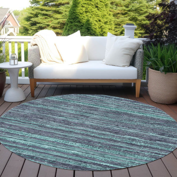 HomeRoots 5' Washable Teal Blue and Gray Striped Area Rug for Indoor and Outdoor Spaces – Stylish and Durable! 8' Round 622596