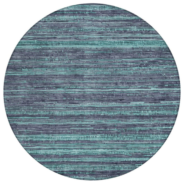 HomeRoots 5' Washable Teal Blue and Gray Striped Area Rug for Indoor and Outdoor Spaces – Stylish and Durable! 8' Round 622596