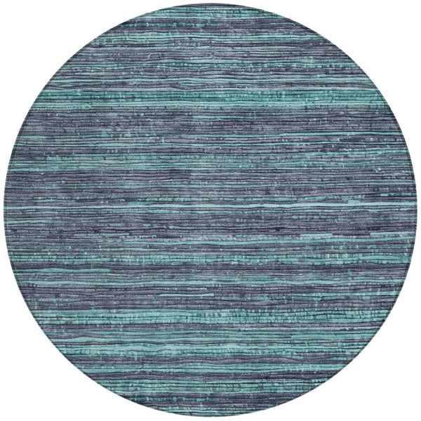 HomeRoots 5' Washable Teal Blue and Gray Striped Area Rug for Indoor and Outdoor Spaces – Stylish and Durable! 8' Round 622596