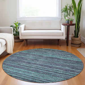 HomeRoots 5' Washable Teal Blue and Gray Striped Area Rug for Indoor and Outdoor Spaces – Stylish and Durable! 8' Round 622596