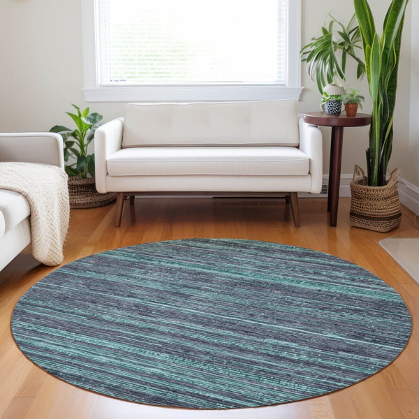 HomeRoots 5' Washable Teal Blue and Gray Striped Area Rug for Indoor and Outdoor Spaces – Stylish and Durable! 8' Round 622596