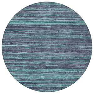 HomeRoots 5' Washable Teal Blue and Gray Striped Area Rug for Indoor and Outdoor Spaces – Stylish and Durable! 8' Round 622596