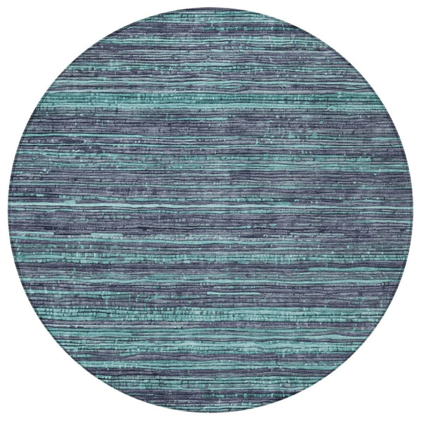 HomeRoots 5' Washable Teal Blue and Gray Striped Area Rug for Indoor and Outdoor Spaces – Stylish and Durable! 8' Round 622596