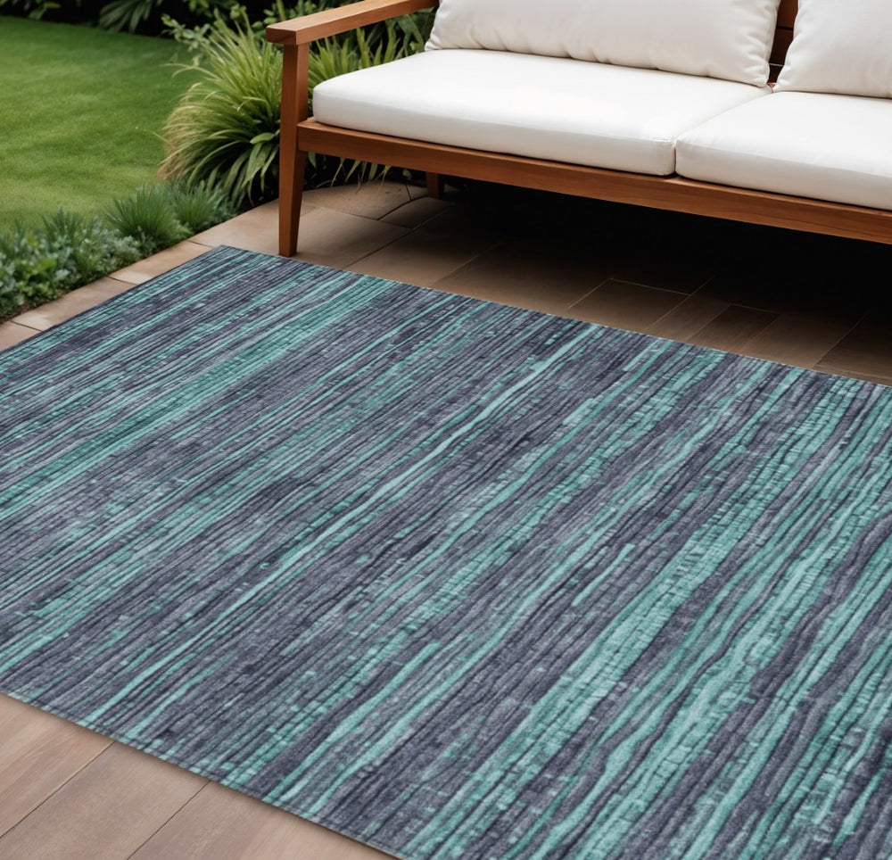 HomeRoots 5' Washable Teal Blue and Gray Striped Area Rug for Indoor and Outdoor Spaces – Stylish and Durable! 8' X 10' 622597