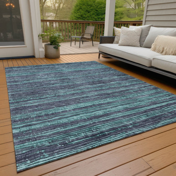 HomeRoots 5' Washable Teal Blue and Gray Striped Area Rug for Indoor and Outdoor Spaces – Stylish and Durable! 8' X 10' 622597