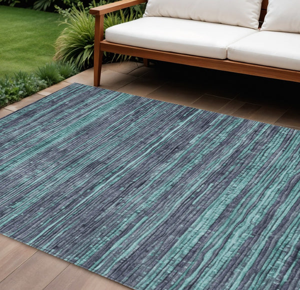 HomeRoots 5' Washable Teal Blue and Gray Striped Area Rug for Indoor and Outdoor Spaces – Stylish and Durable! 9' X 12' 622598